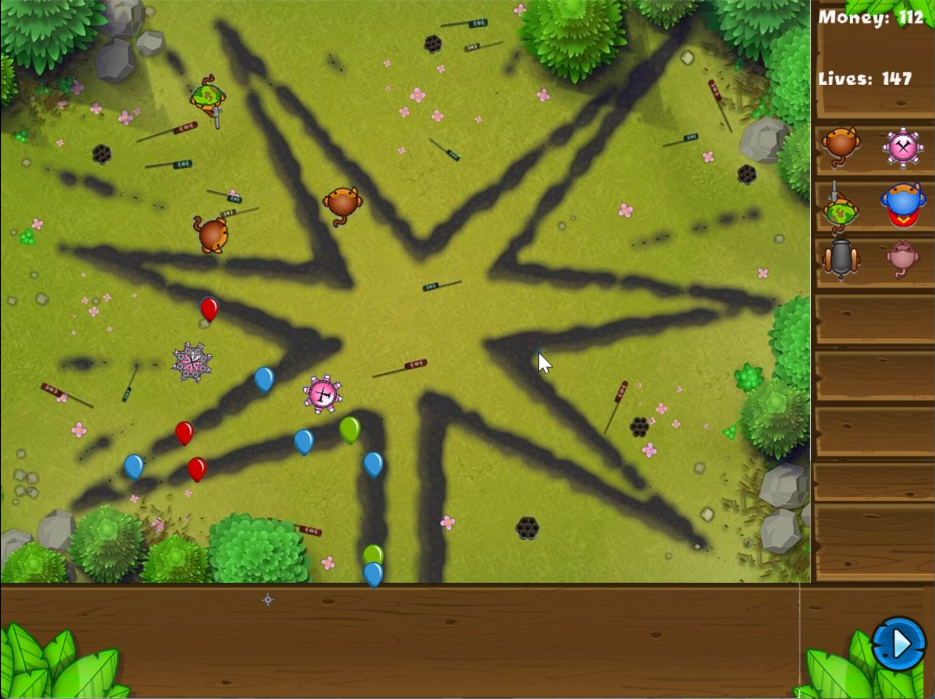 Bloons TD5 recreation with towers and Bloons on the map