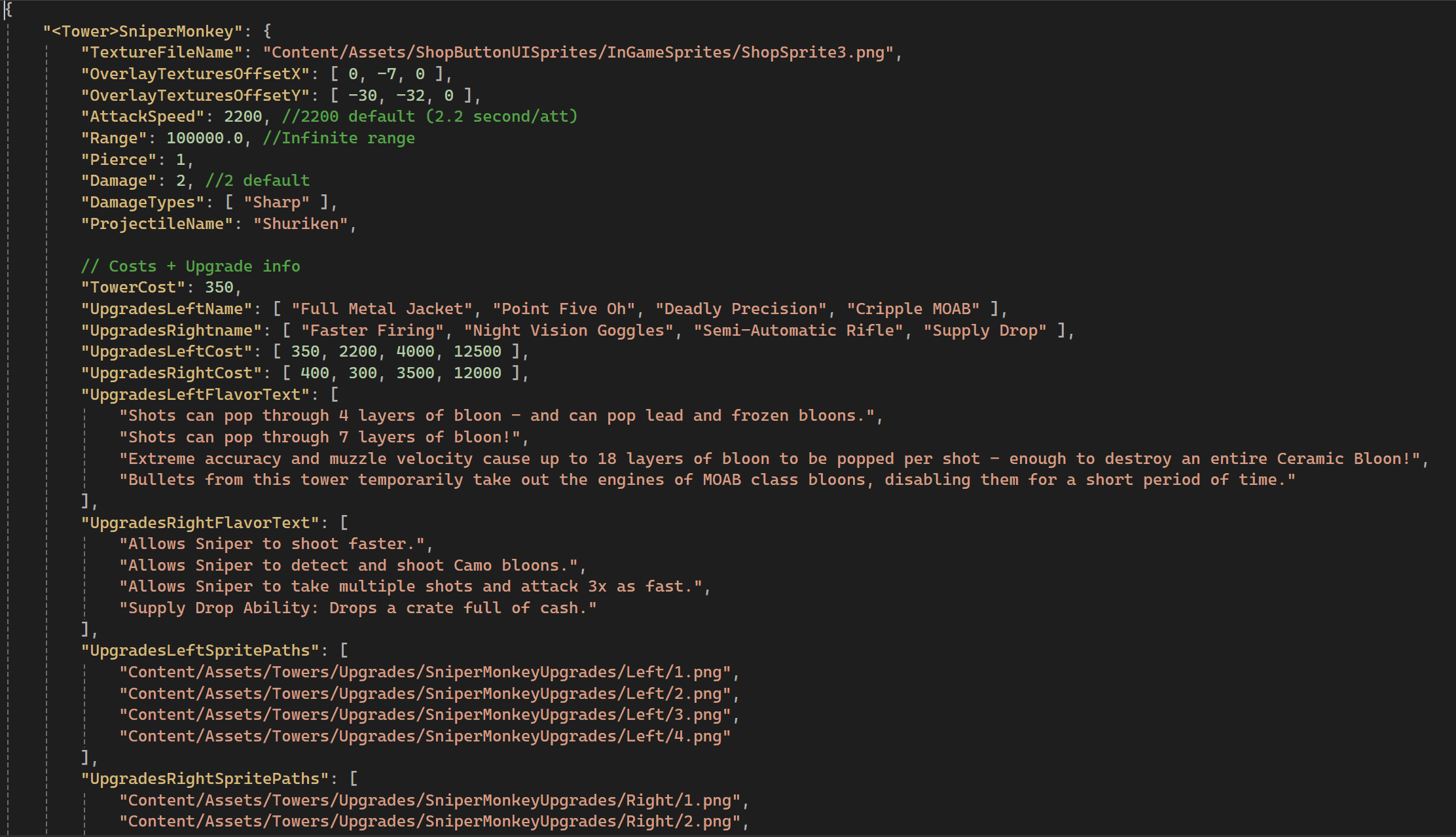 JSON data defining a Sniper Monkey tower and upgrade paths in Aditya's custom C++ game engine